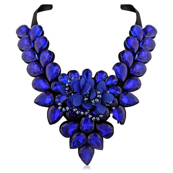 Yoona Blue Crystal Stone Black Ribbon Necklace - 1111224D