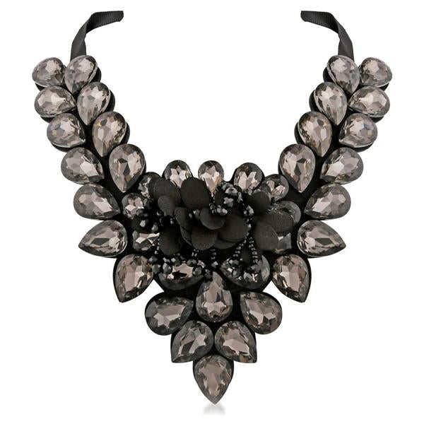Yoona Grey Crystal Stone Black Ribbon Necklace - 1111224E