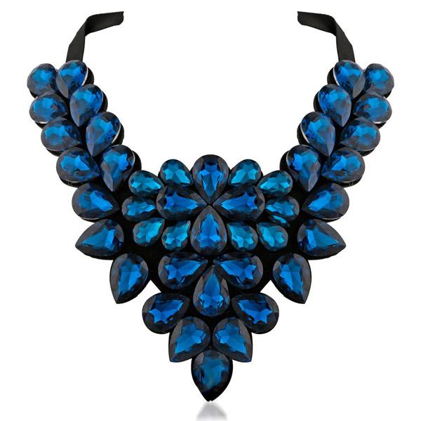 Yoona Blue Crystal Stone Black Ribbon Necklace - 1111225B