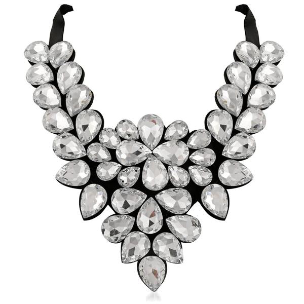 Yoona White Crystal Stone Black Ribbon Necklace - 1111225C