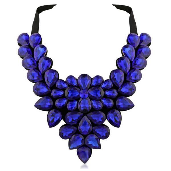 Yoona Blue Crystal Stone Black Ribbon Necklace - 1111225F