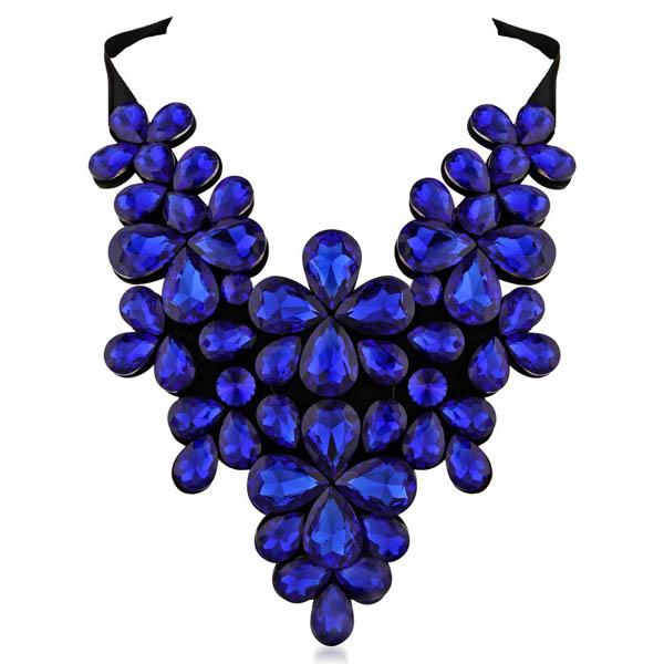 Yoona Blue Crystal Stone Black Ribbon Necklace - 1111226C
