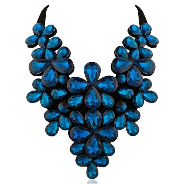 Yoona Blue Crystal Stone Black Ribbon Necklace - 1111226E