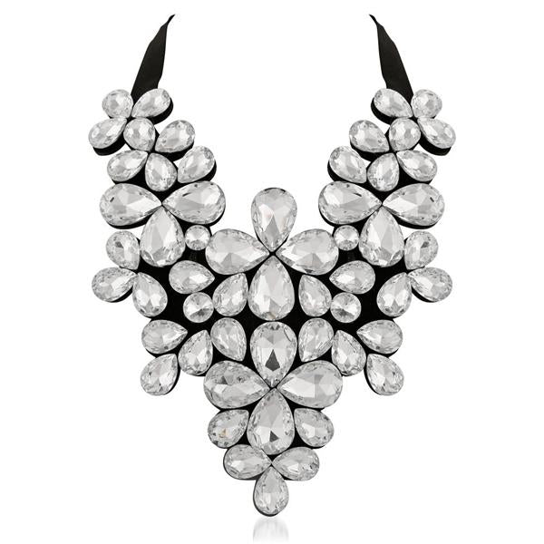 Yoona White Crystal Stone Black Ribbon Necklace - 1111226F