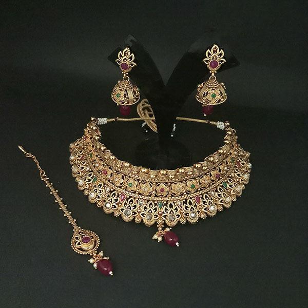Real Creation AD Stone Choker Copper Necklace Set With Maang Tikka - FBB0176