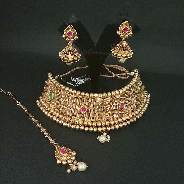 Real Creation AD Stone Choker Copper Necklace Set With Maang Tikka - FBB0183
