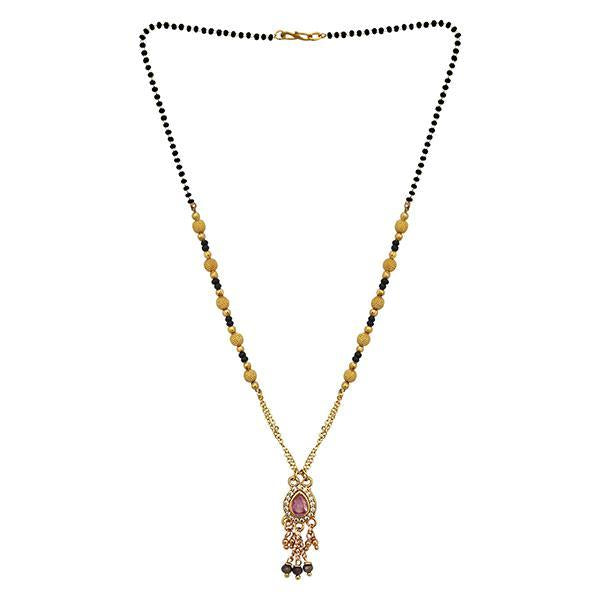 Kriaa Pink And White Austrian Stone And Black Beads Gold Plated Mangalsutra