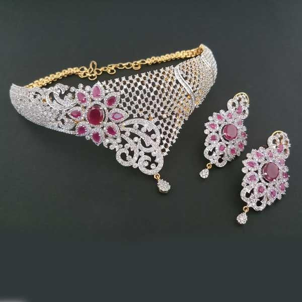 Blue Diamond Ruby & American Diamond Brass Necklace Set - FBI0002