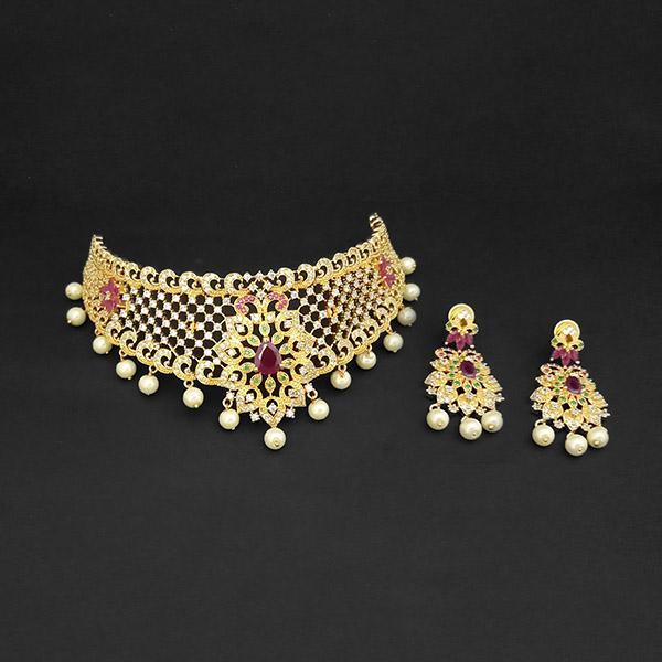 Pralhad American Diamond & Ruby Stone Brass Necklace Set - FBP0033