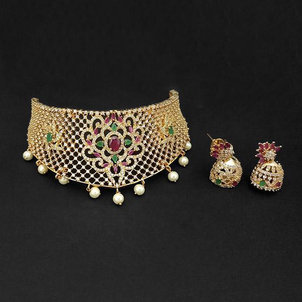 Pralhad American Diamond & Ruby And Emerald Stone Brass Necklace Set - FBP0037