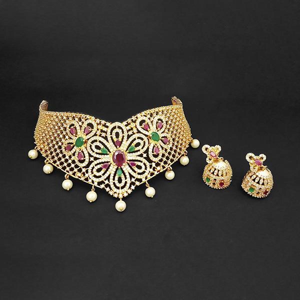 Pralhad American Diamond & Ruby And Emerald Stone Brass Necklace Set - FBP0039
