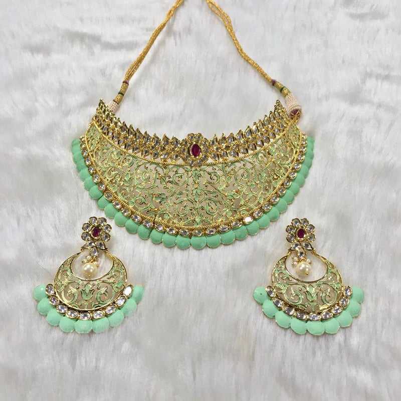 Tarangavi Green Beads And Meenakari Kundan Choker Necklace Set - FNV-1013