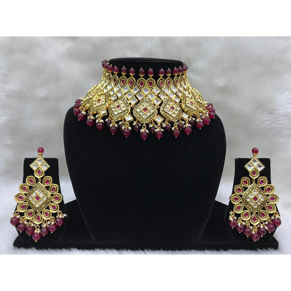 Tarangavi Maroon Beads And Kundan Choker Necklace Set - FNV-2079