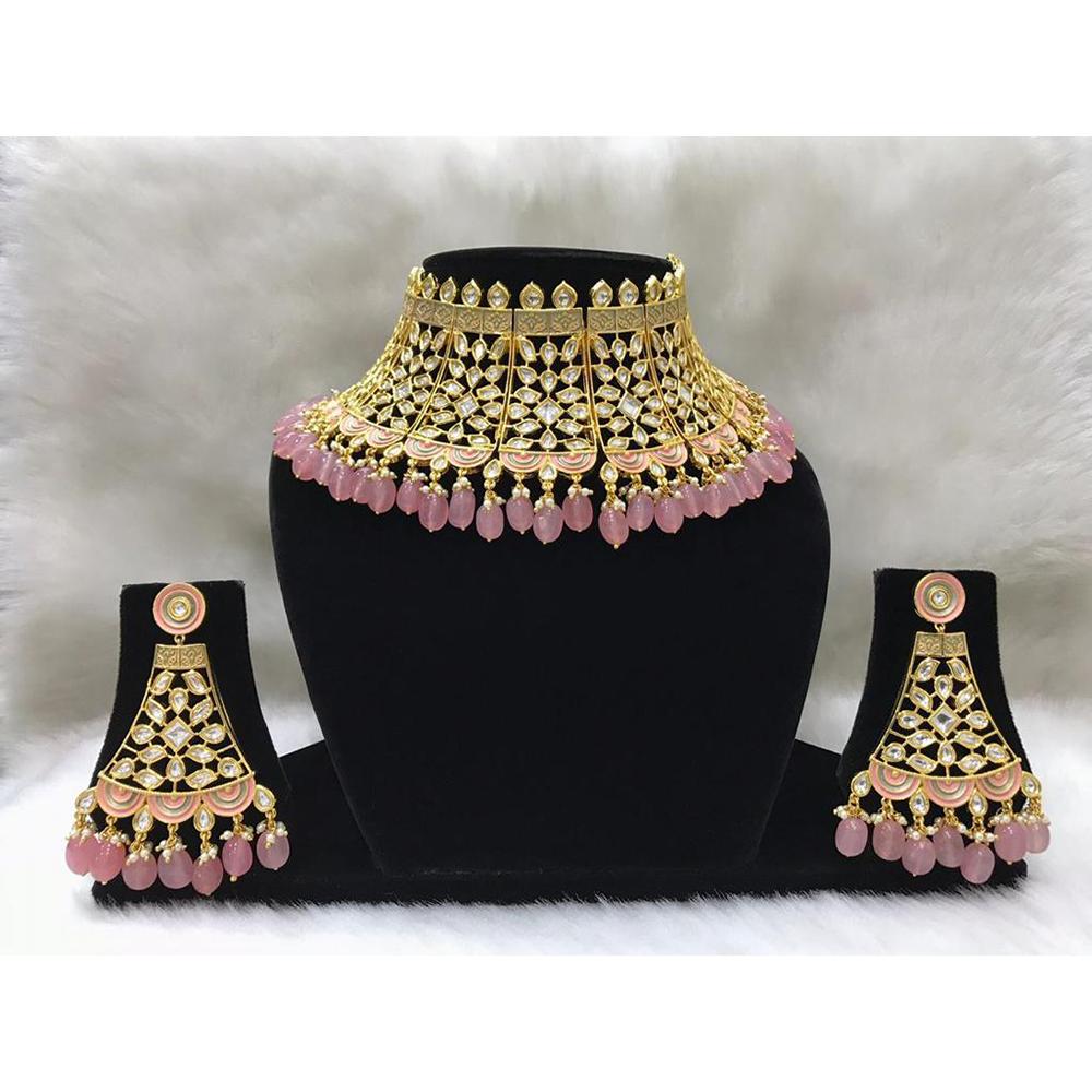Tarangavi Pink Beads And Kundan Choker Necklace Set - FNV-2092