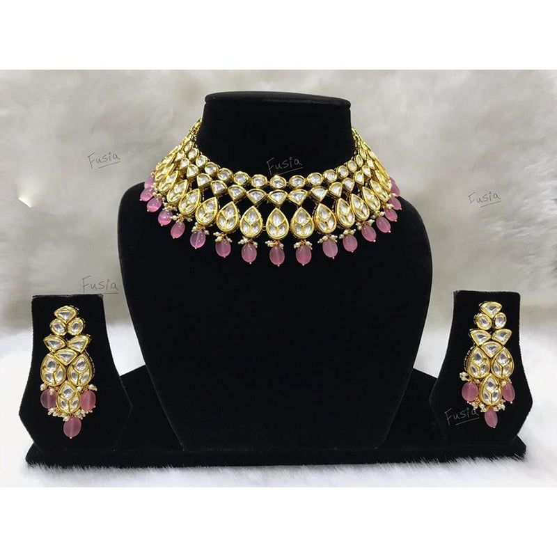 Tarangavi Pink Beads And Kundan Choker Necklace Set - FNV-2098