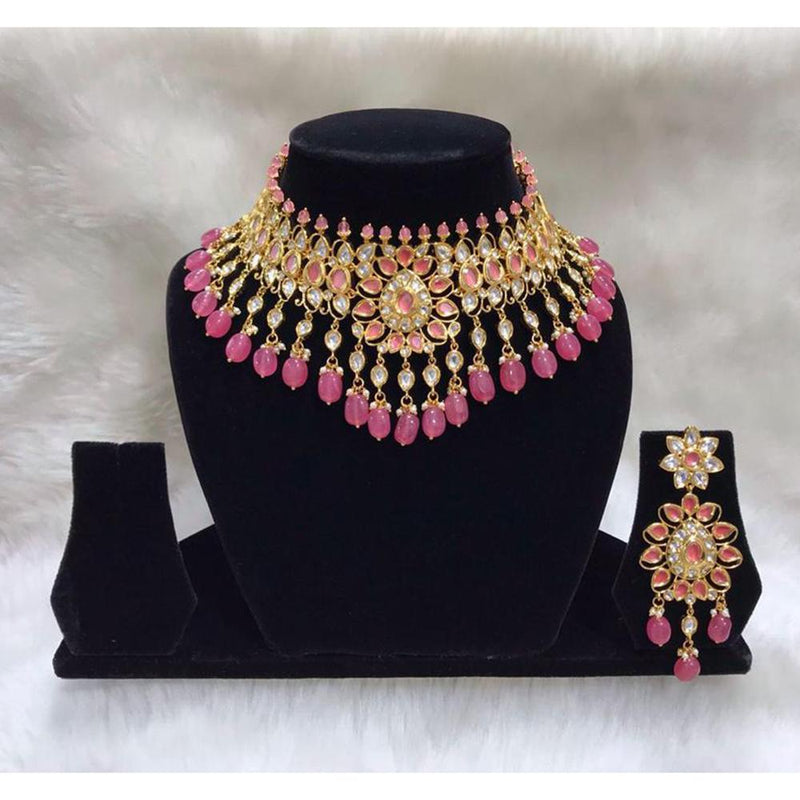 Tarangavi Pink Beads And Kundan Choker Necklace Set - FNV-2141