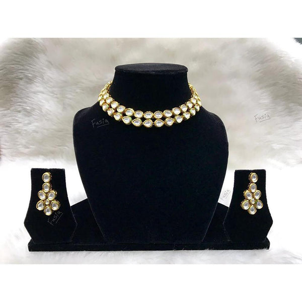 Tarangavi White Kundan Gold Plated Choker Necklace Set - FNV-2160