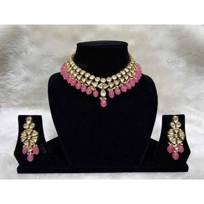 Tarangavi Pink Beads And Kundan Choker Necklace Set - FNV-2163