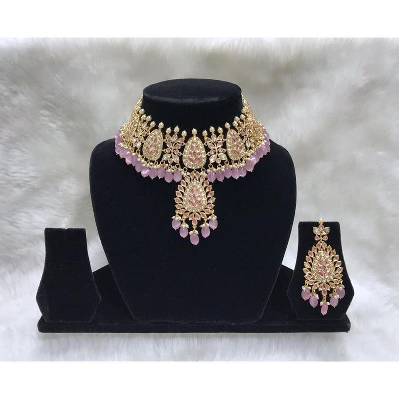 Tarangavi Pink Beads And Kundan Choker Necklace Set - FNV-2197