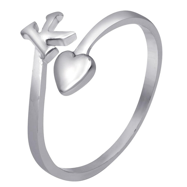 Mahi Rhodium Plated 'K' Initial and Heart Adjustable Finger Ring for Women (FR1103123R)