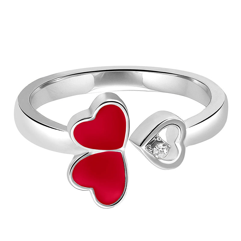 Mahi Tripple Heart Red Meena Work Silver Color Adjustable Finger Ring for Women (FR1103130RRed)