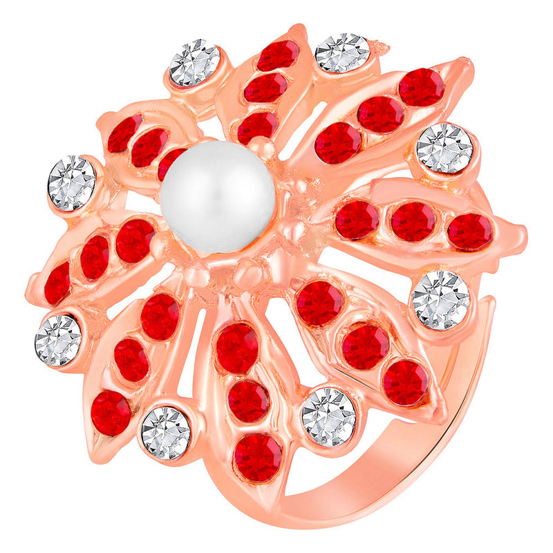 Mahi Rose Gold Plated Floral Look Adjustable Finger Ring with Red Artificial Pearl & Crystal for Women (FR1103190ZRedWhi)