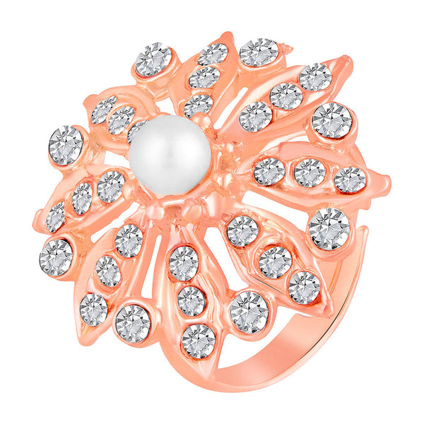 Mahi Rose Gold Plated Floral Look Adjustable Finger Ring with White Artificial Pearl & Crystal for Women (FR1103191ZWhi)