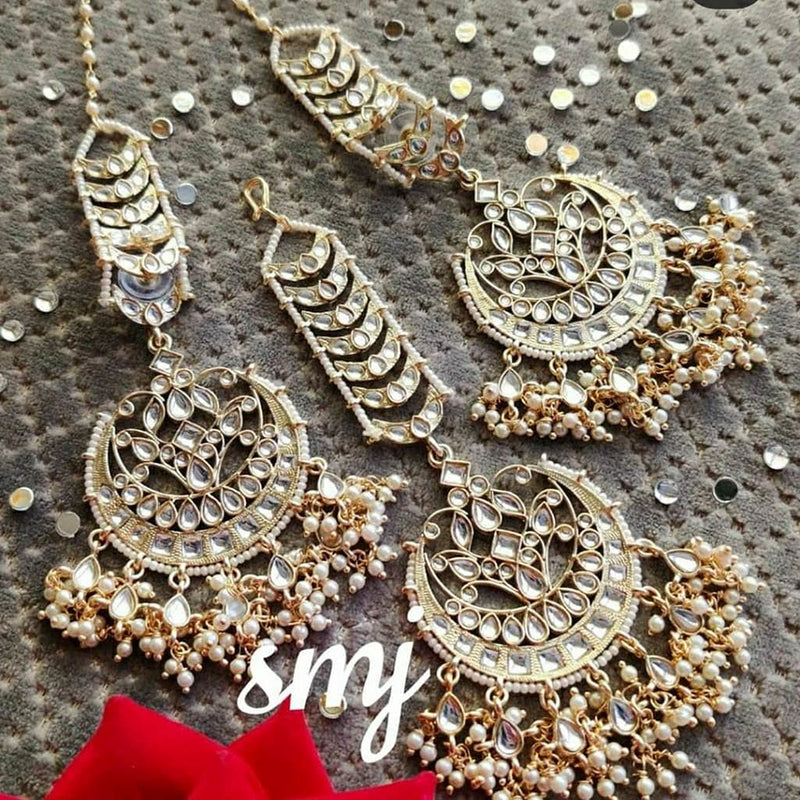 Earrings and Mangtikka Set in Gold and Dark Green, Kundan Work, Imdian  Jewelry, Hanging Pearls, Wedding Wear Party Wear, Bridal Jewelry. - Etsy