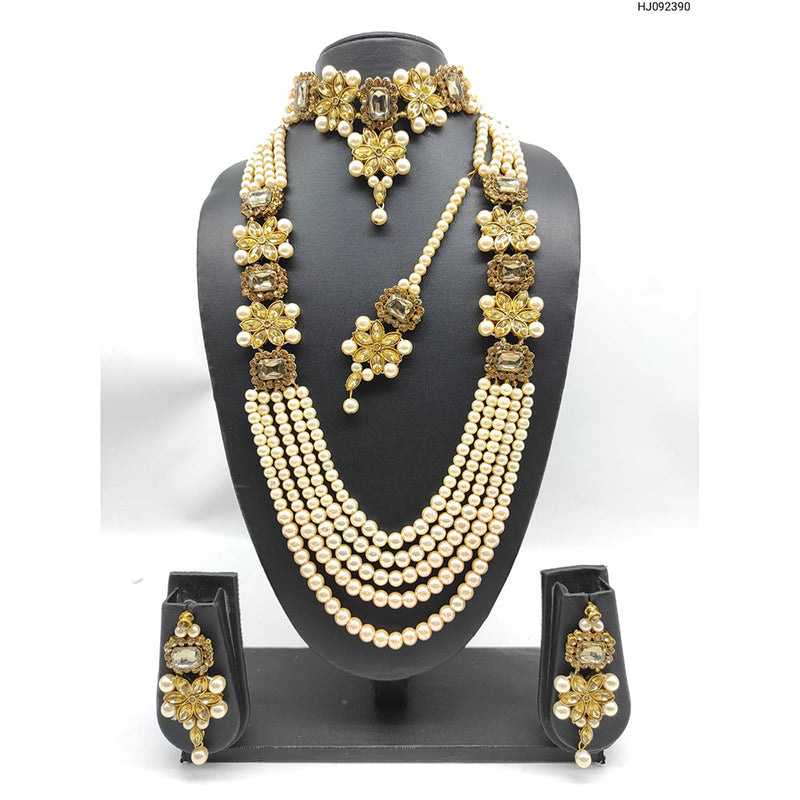 Heera Jewellers Gold Plated Kundan & Pearl Long & Short Double Necklace Set With Maangtikka