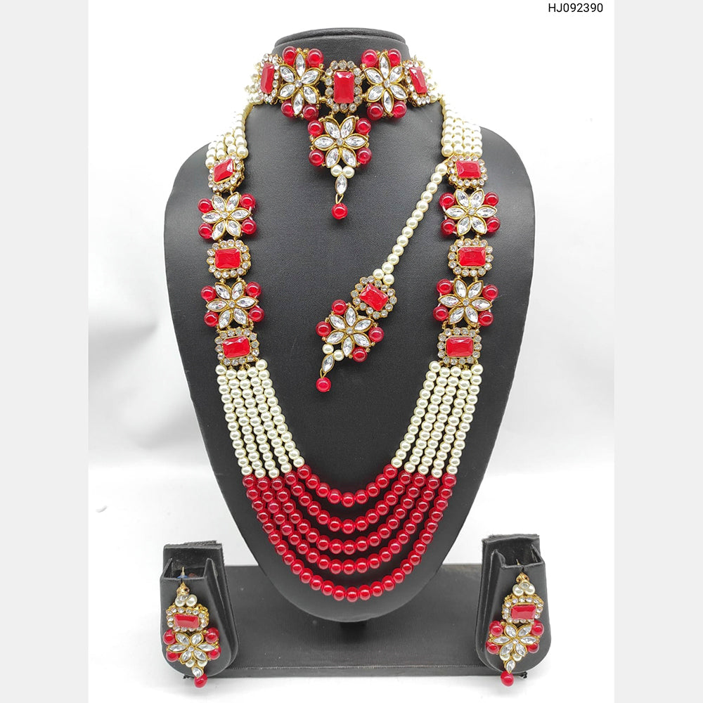 Heera Jewellers Gold Plated Kundan & Pearl Long & Short Double Necklace Set With Maangtikka