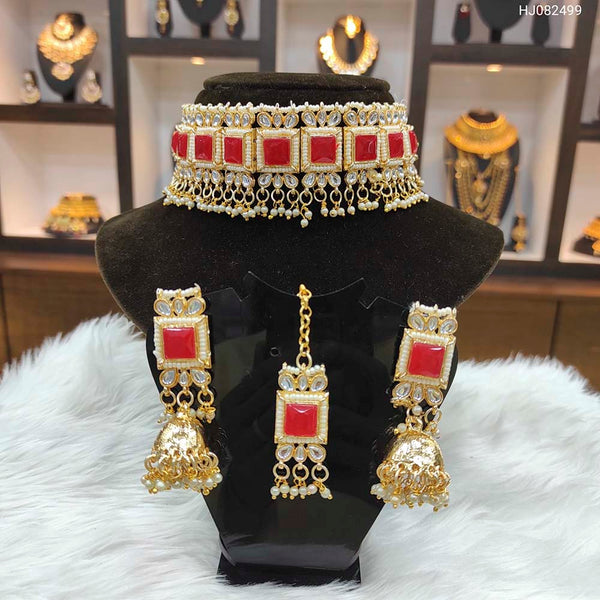Heera Jewellers Gold Plated Kundan Stone & Pearl Choker Necklace Set