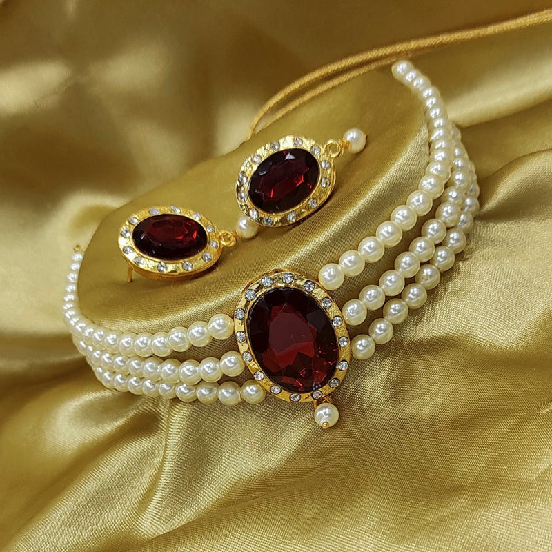 Heera Jewellers Gold Plated Austrian Stone & Crystal Pearl Choker Necklace Set