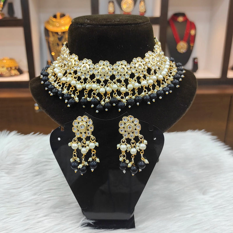Heera Jewellers Gold Plated Kundan And Beads Choker Necklace Set