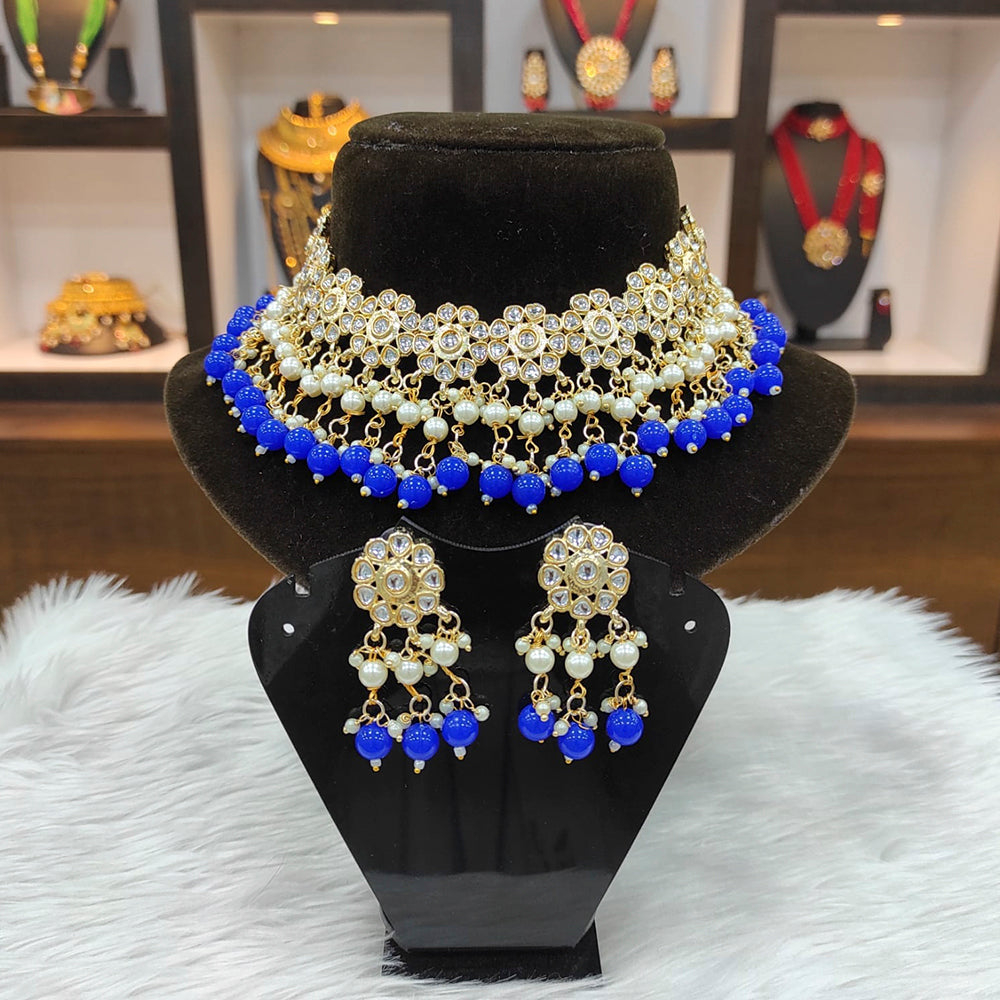 Heera Jewellers Gold Plated Kundan And Beads Choker Necklace Set