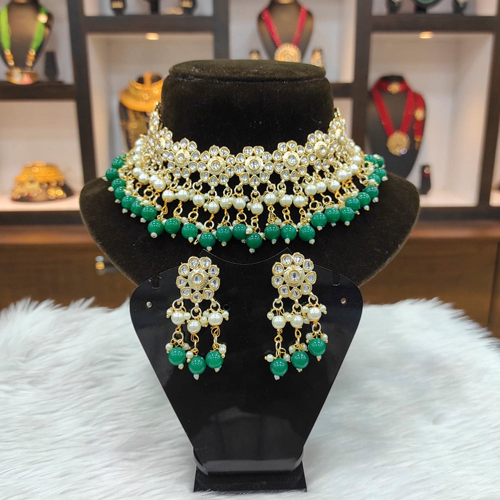 Heera Jewellers Gold Plated Kundan And Beads Choker Necklace Set