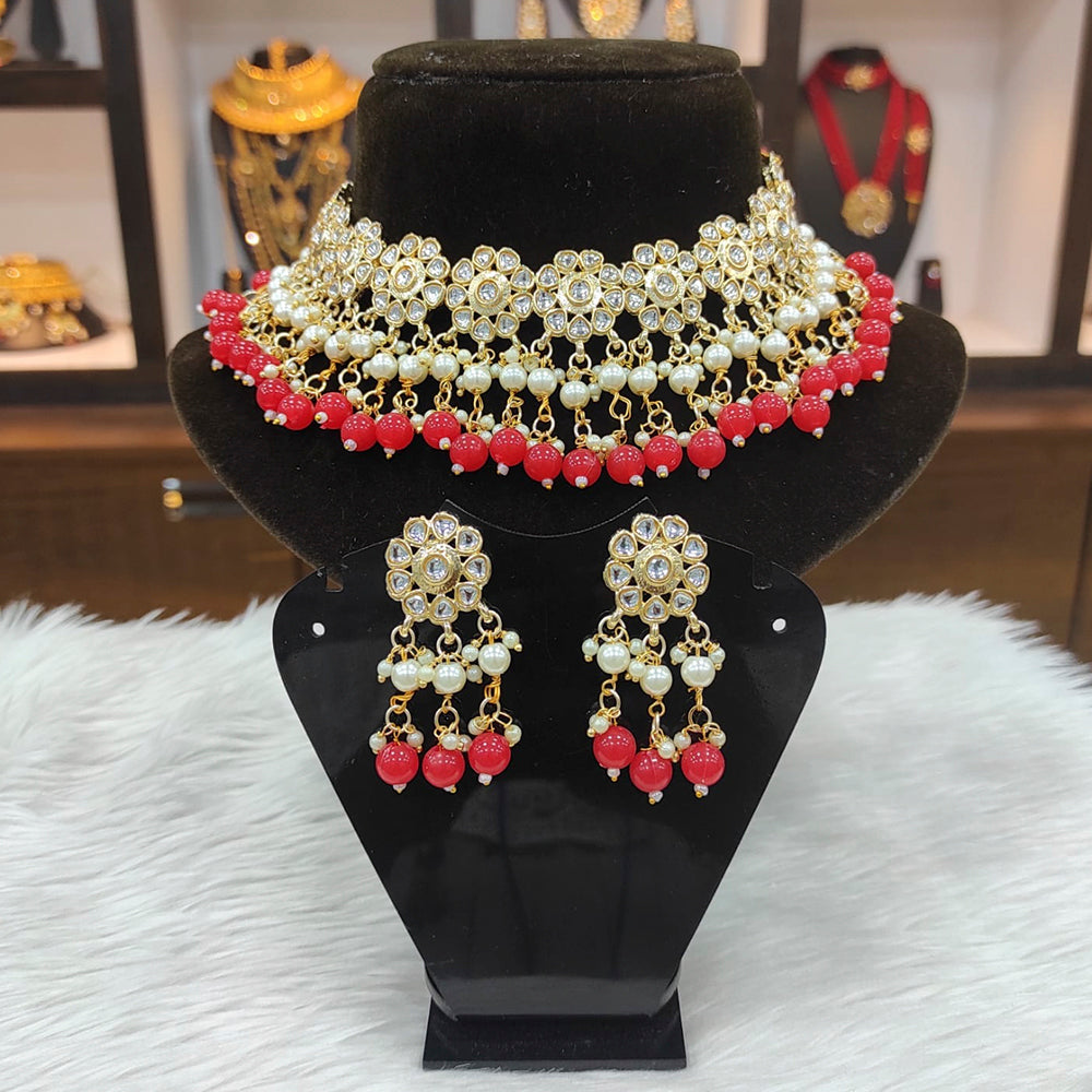 Heera Jewellers Gold Plated Kundan And Beads Choker Necklace Set