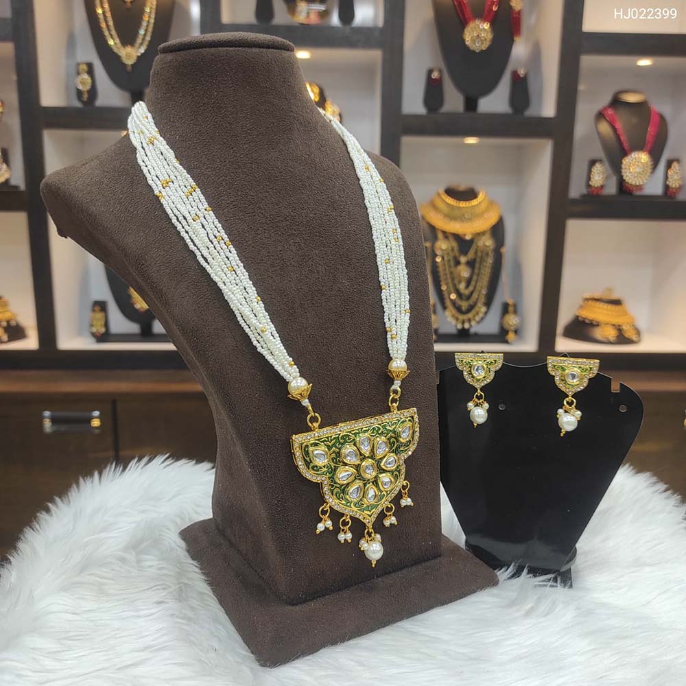 Heera Jewellers Gold Plated Austrian Stone & Pota Stone Moti Long Necklace Set