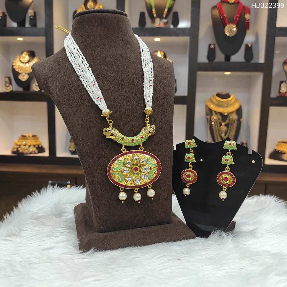 Heera Jewellers Gold Plated Austrian Stone & Pota Stone Moti Long Necklace Set