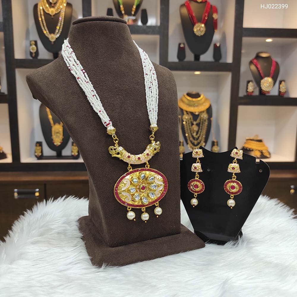 Heera Jewellers Gold Plated Austrian Stone & Pota Stone Moti Long Necklace Set