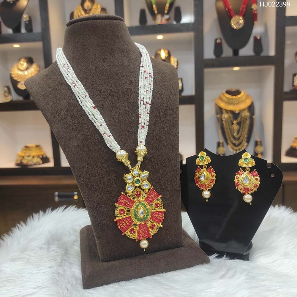 Heera Jewellers Gold Plated Austrian Stone & Pota Stone Moti Long Necklace Set