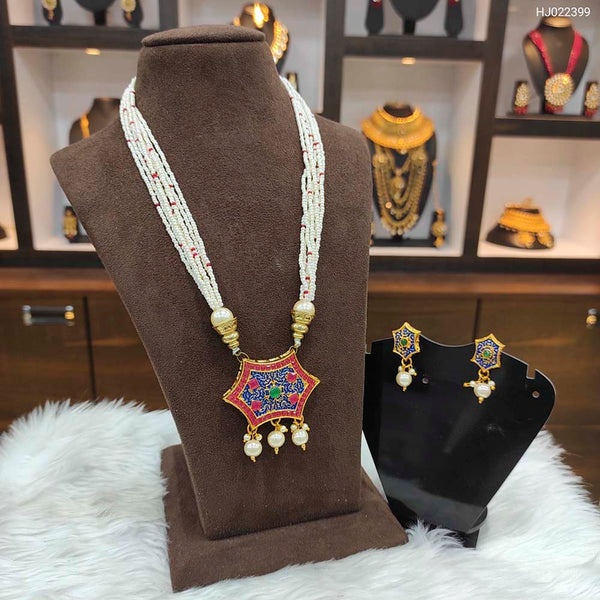 Heera Jewellers Gold Plated Austrian Stone & Pota Stone Moti Long Necklace Set