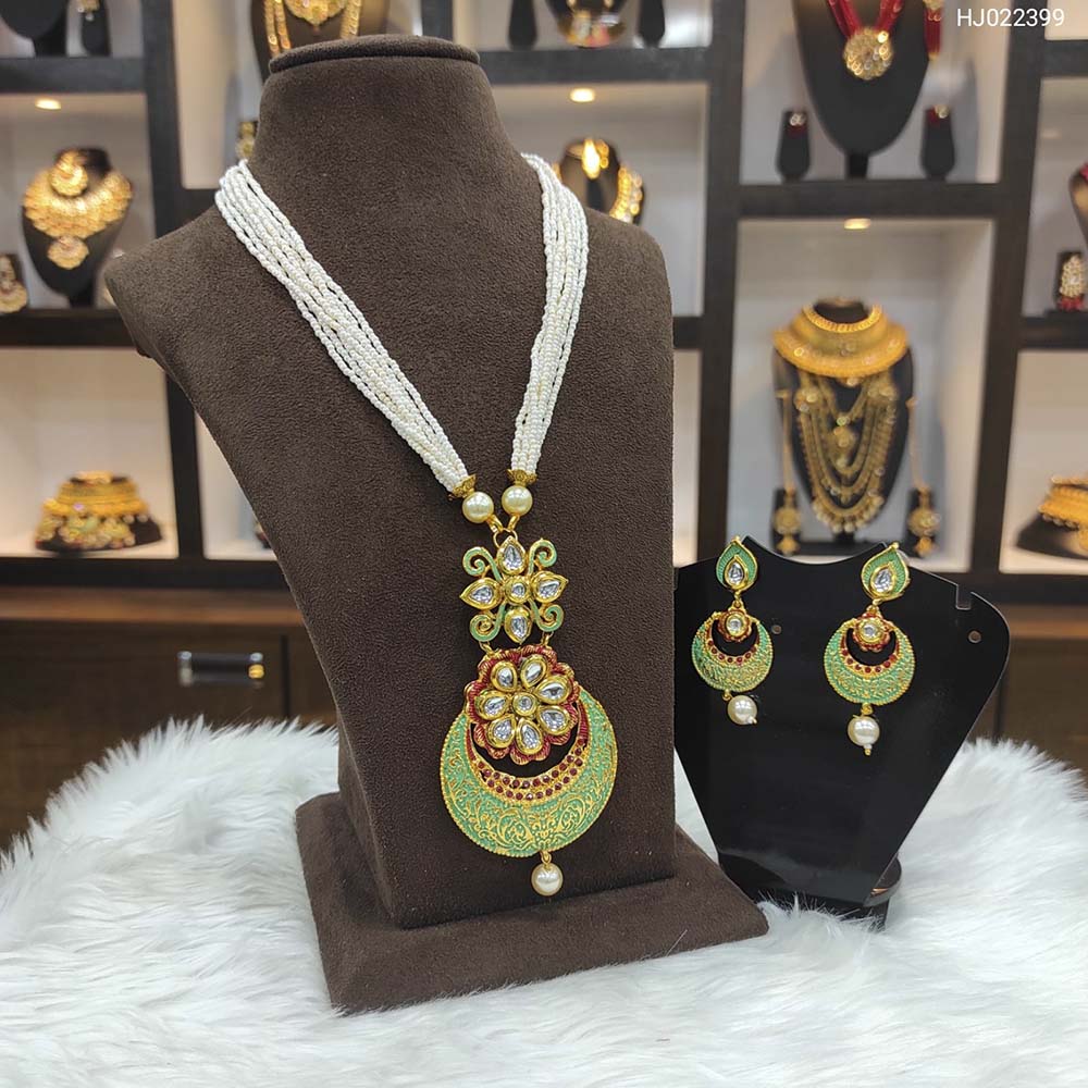 Heera Jewellers Gold Plated Austrian Stone & Pota Stone Moti Long Necklace Set