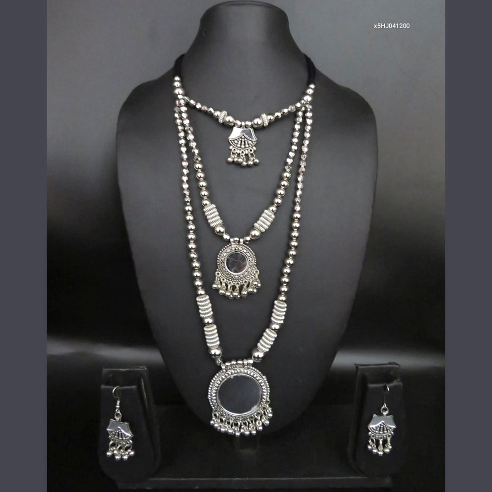 Heera Jewellers Mirror Oxidised Three Layer Necklace Set