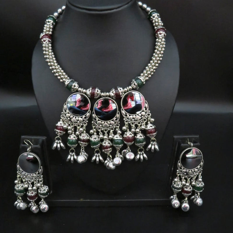 Heera Jewellers Navratri Special Oxidised Mirror Stylish Necklace Set