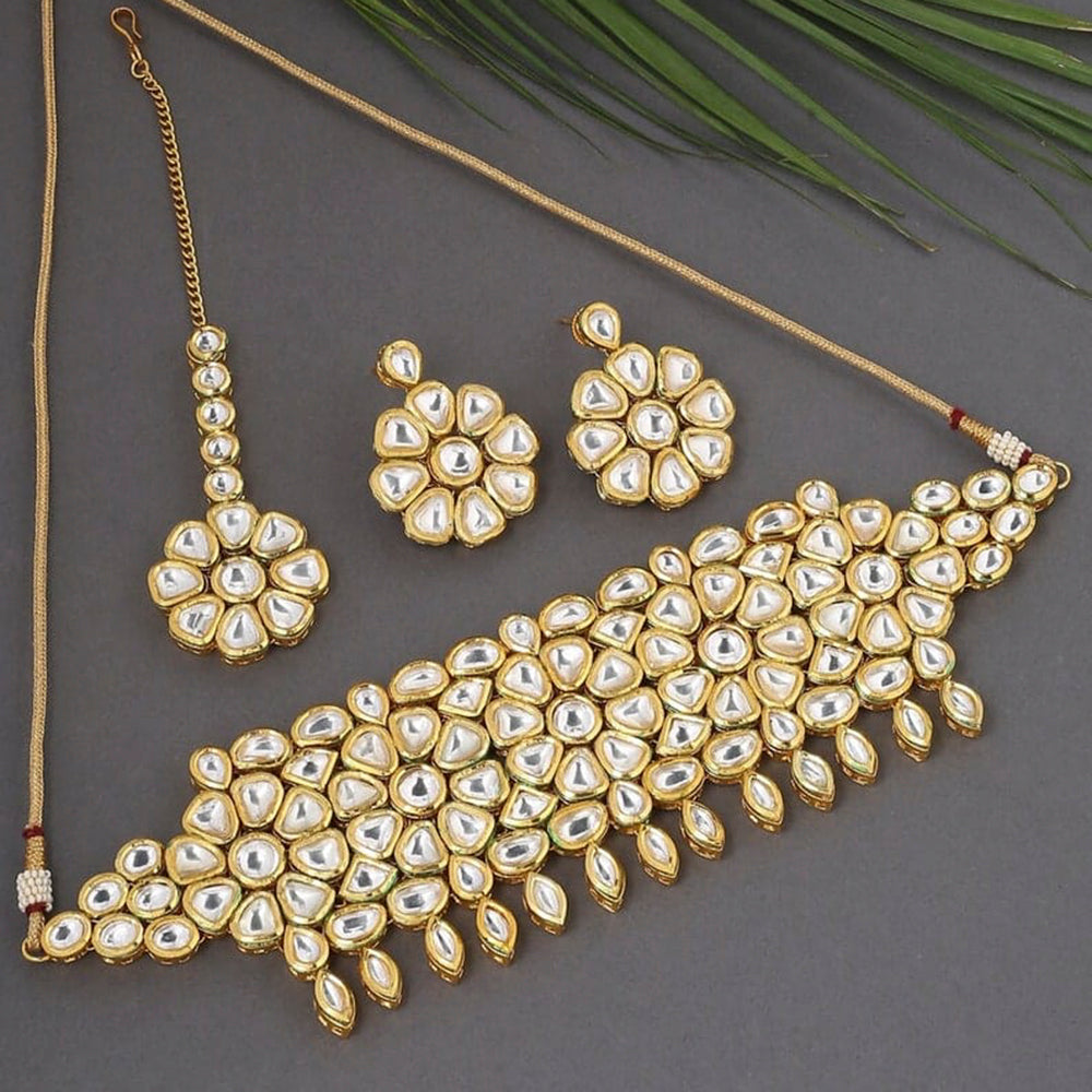 Heera Jewellers Gold Plated Kundan Necklace Set With Maangtikka