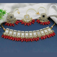 Heera Jewellers Gold Plated Mirror & Beads Designer Choker Necklace Set With Maangtikka