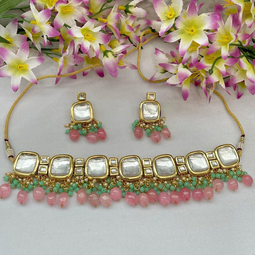 Heera Jewellers Gold Plated Kundan Stone & Beads Choker Necklace Set