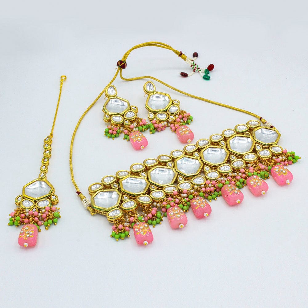 Heera Jewellers Gold Plated Kundan Stone & Beads Choker Necklace Set