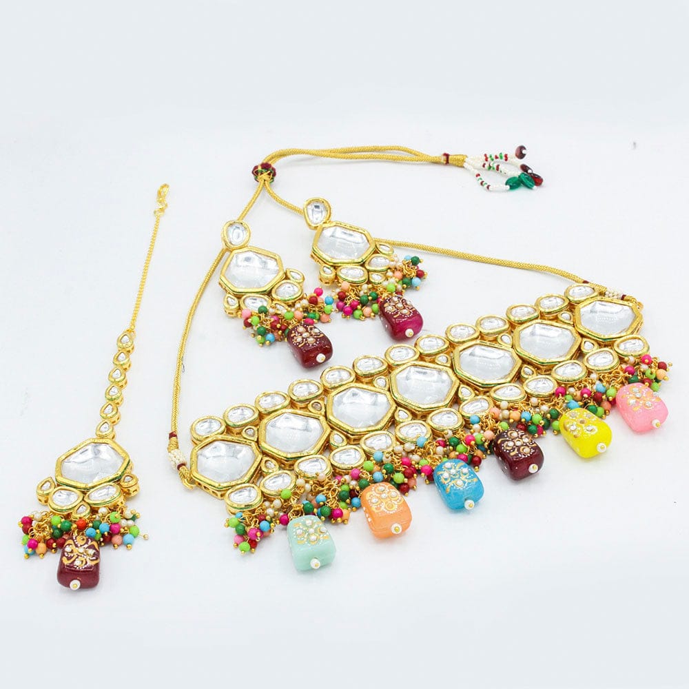 Heera Jewellers Gold Plated Kundan Stone & Beads Choker Necklace Set