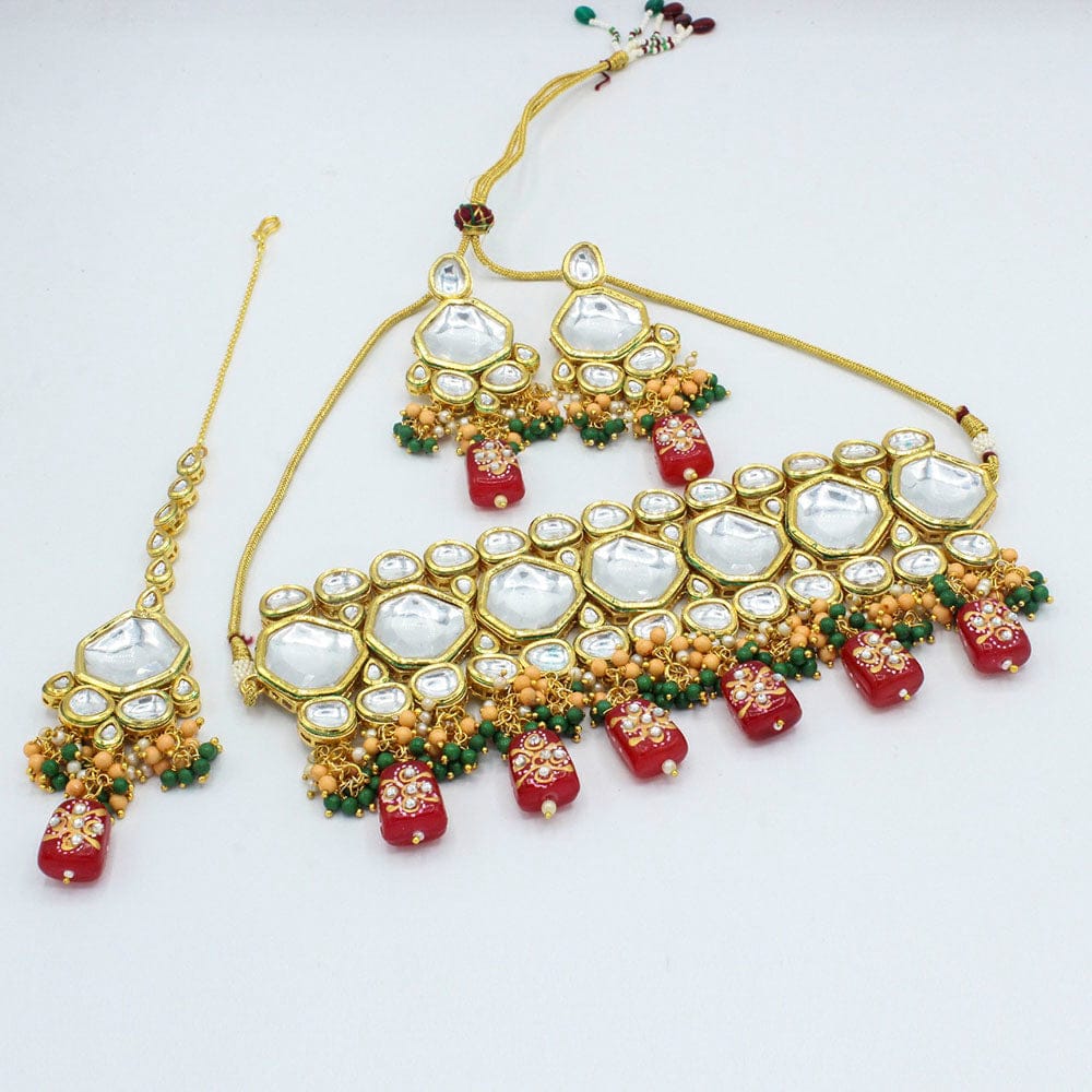 Heera Jewellers Gold Plated Kundan Stone & Beads Choker Necklace Set